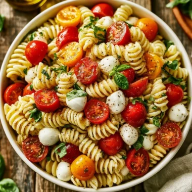 Colorful Caprese Pasta Salad with cherry tomatoes, mozzarella, and basil