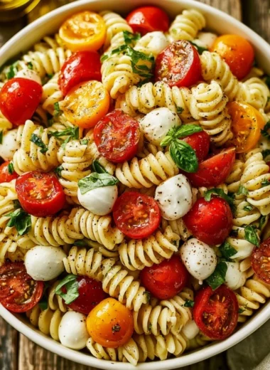 Colorful Caprese Pasta Salad with cherry tomatoes, mozzarella, and basil