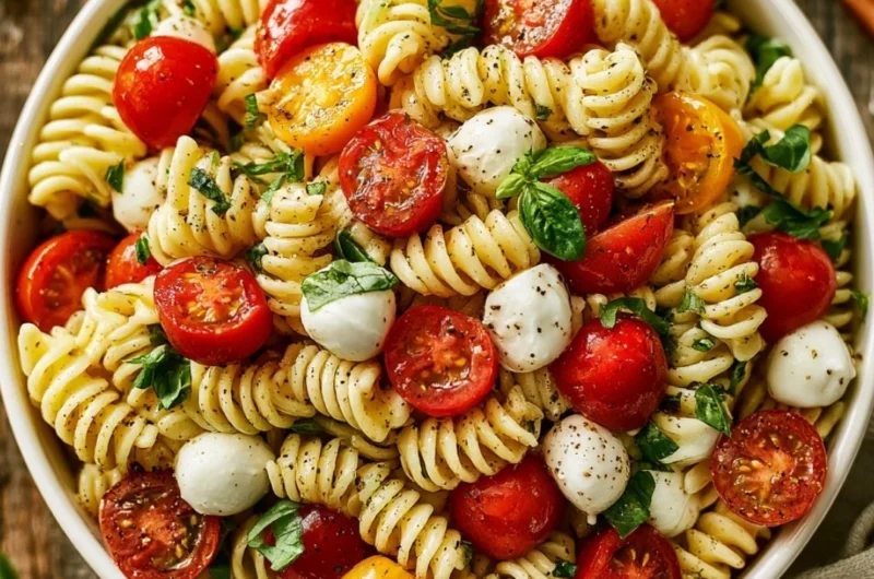 Colorful Caprese Pasta Salad with cherry tomatoes, mozzarella, and basil