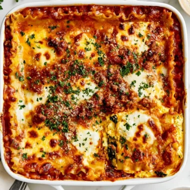Delicious cottage cheese lasagna baked with layers of cheese and sauce