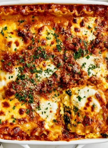 Delicious cottage cheese lasagna baked with layers of cheese and sauce