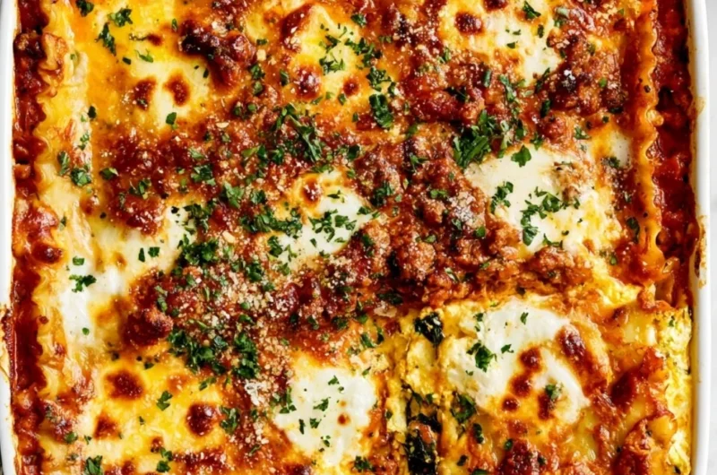 Delicious cottage cheese lasagna baked with layers of cheese and sauce