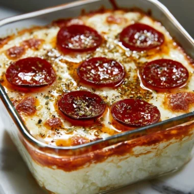 Delicious cottage cheese pizza bowl topped with fresh ingredients and cheese.