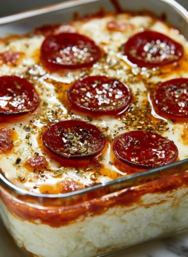 Delicious cottage cheese pizza bowl topped with fresh ingredients and cheese.