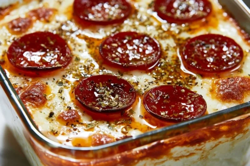 Delicious cottage cheese pizza bowl topped with fresh ingredients and cheese.