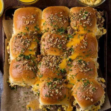 Cowboy Breakfast Sliders with eggs, sausage, and cheese on slider buns