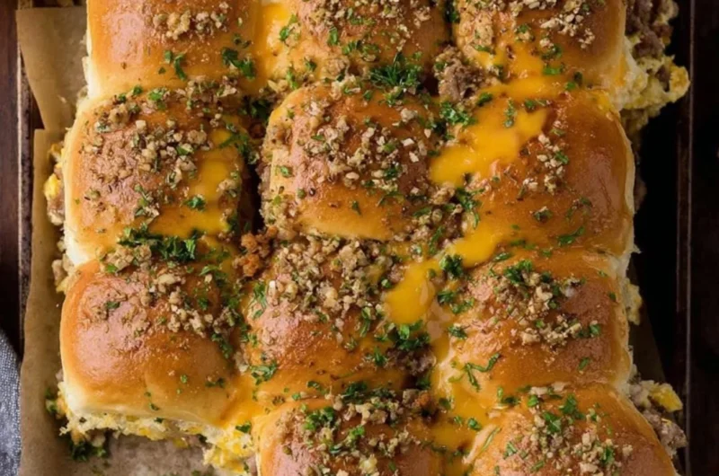 Cowboy Breakfast Sliders with eggs, sausage, and cheese on slider buns