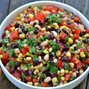 Bowl of vibrant Cowboy Caviar with fresh vegetables and beans