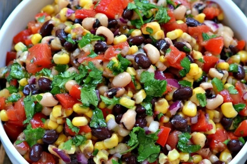 Bowl of vibrant Cowboy Caviar with fresh vegetables and beans