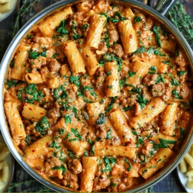 Creamy sausage rigatoni pasta with spinach and tomato cream sauce in a bowl