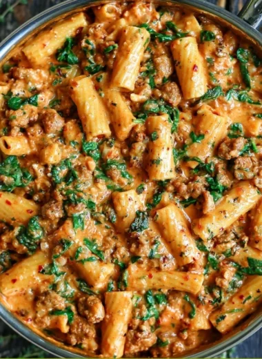 Creamy sausage rigatoni pasta with spinach and tomato cream sauce in a bowl