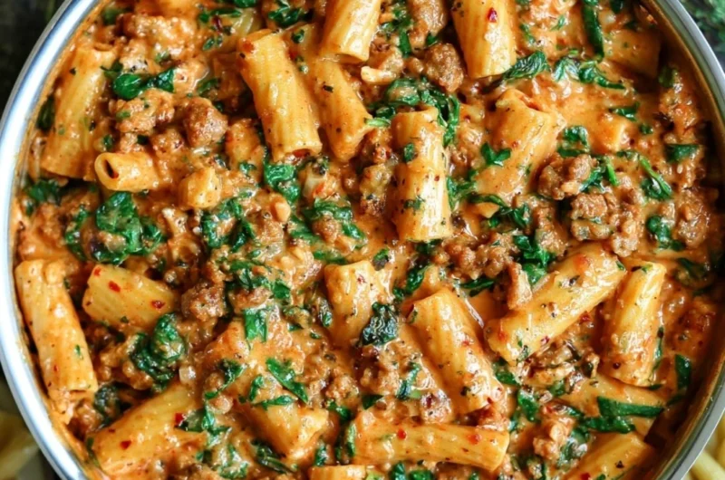 Creamy sausage rigatoni pasta with spinach and tomato cream sauce in a bowl