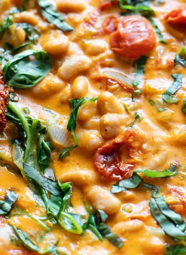 Creamy vegan tomato white bean stew in a bowl with herbs on top.