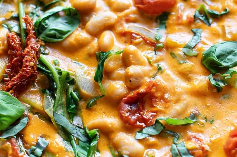 Creamy vegan tomato white bean stew in a bowl with herbs on top.