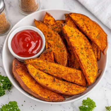 Crispy air fryer sweet potato wedges served in a bowl