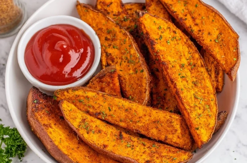 Crispy air fryer sweet potato wedges served in a bowl