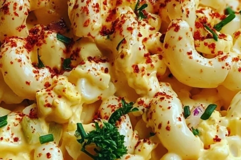 Bowl of Deviled Egg Macaroni Salad with garnishes