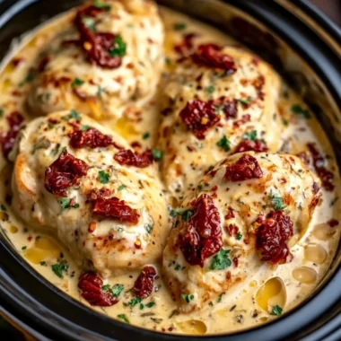 Delicious Dump and Go Crockpot Marry Me Chicken dish ready to serve.