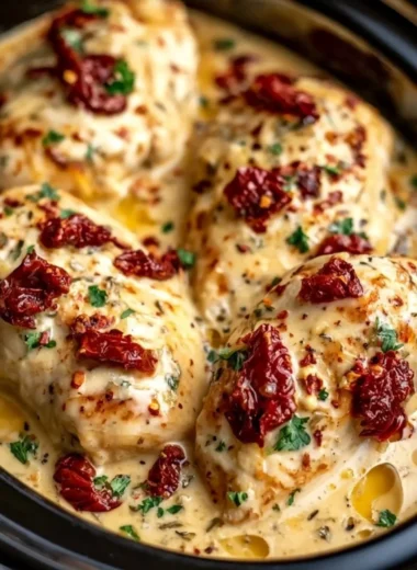 Delicious Dump and Go Crockpot Marry Me Chicken dish ready to serve.