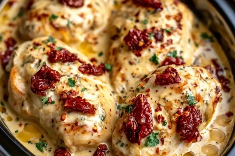 Delicious Dump and Go Crockpot Marry Me Chicken dish ready to serve.