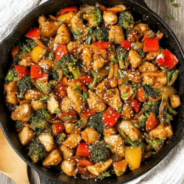 Colorful easy chicken stir fry with vegetables in a wok.