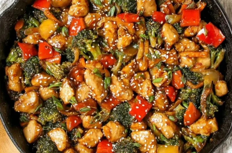 Colorful easy chicken stir fry with vegetables in a wok.