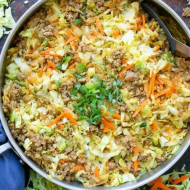 Easy egg roll in a bowl recipe with vegetables and ground meat