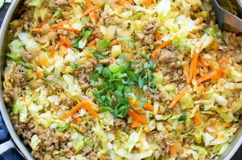 Easy egg roll in a bowl recipe with vegetables and ground meat