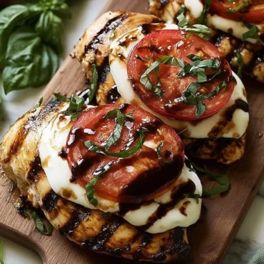 Delicious grilled chicken caprese with basil and mozzarella on a plate.