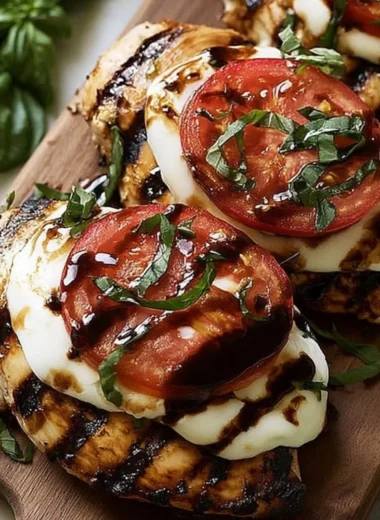Delicious grilled chicken caprese with basil and mozzarella on a plate.