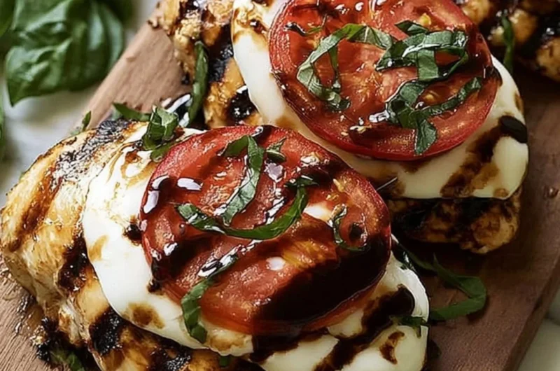 Delicious grilled chicken caprese with basil and mozzarella on a plate.