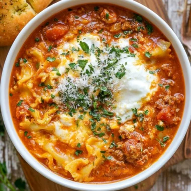 A bowl of easy lasagna soup topped with cheese and fresh basil
