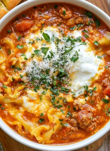 A bowl of easy lasagna soup topped with cheese and fresh basil
