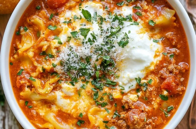 A bowl of easy lasagna soup topped with cheese and fresh basil