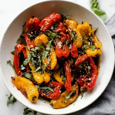 Easy roasted mini peppers served on a plate, showcasing vibrant colors and tasty seasoning.