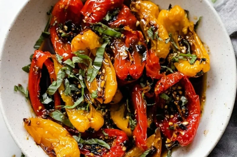 Easy roasted mini peppers served on a plate, showcasing vibrant colors and tasty seasoning.