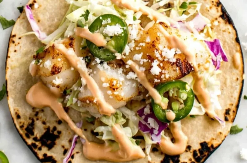 Delicious fish tacos with fresh toppings and garnishes.