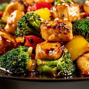 Flavor-packed chicken stir fry cooked on a Blackstone griddle served with vegetables