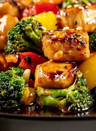 Flavor-packed chicken stir fry cooked on a Blackstone griddle served with vegetables