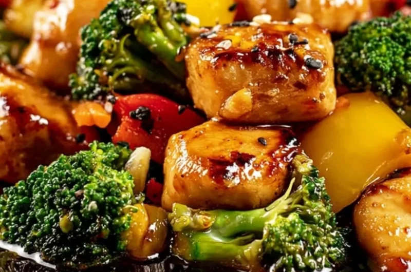 Flavor-packed chicken stir fry cooked on a Blackstone griddle served with vegetables