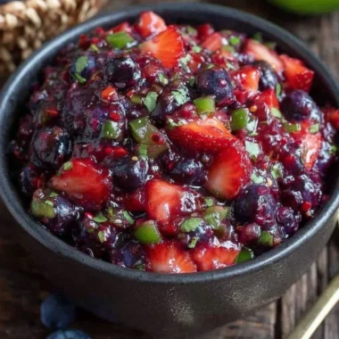 Fresh blueberry salsa served in a bowl with tortilla chips