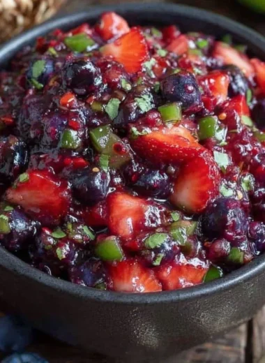 Fresh blueberry salsa served in a bowl with tortilla chips