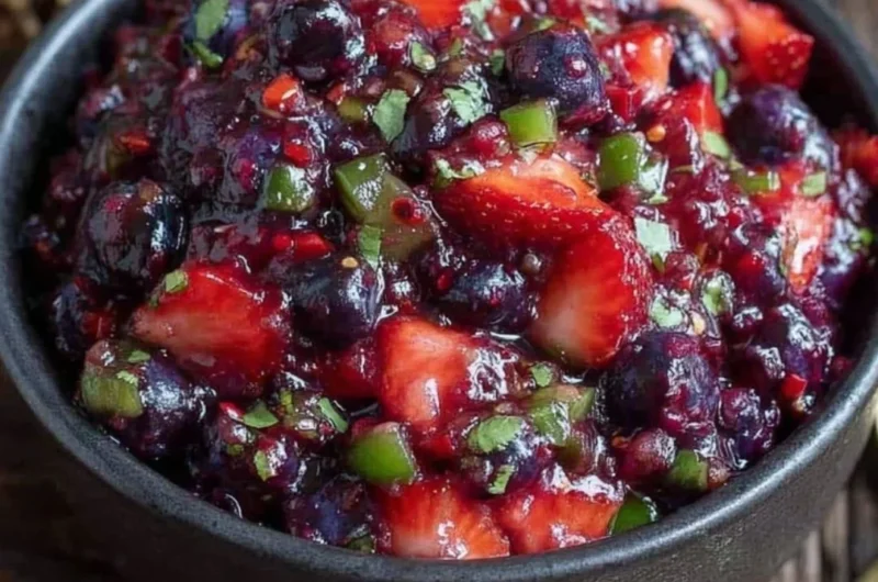 Fresh blueberry salsa served in a bowl with tortilla chips