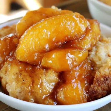Delicious fresh peach cobbler with golden crust and juicy peach filling