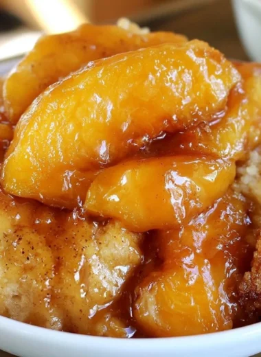Delicious fresh peach cobbler with golden crust and juicy peach filling