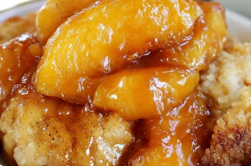 Delicious fresh peach cobbler with golden crust and juicy peach filling