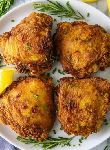 Crispy fried chicken thighs served with sides for a delicious meal.
