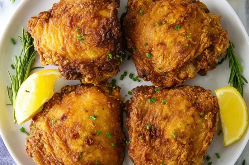 Crispy fried chicken thighs served with sides for a delicious meal.