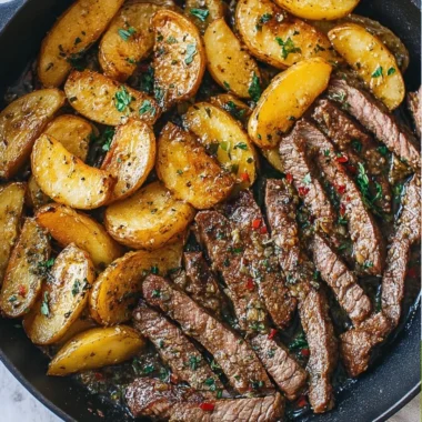 Delicious garlic butter steak and potatoes skillet dish served on a plate