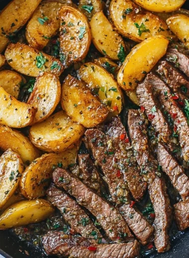 Delicious garlic butter steak and potatoes skillet dish served on a plate